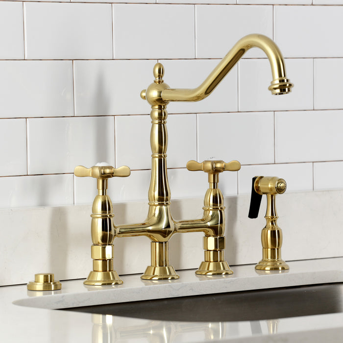 Kingston Heirloom KS1277BEXBS - Essex Two-Handle 4-Hole Deck Mount Bridge Kitchen Faucet with Brass Sprayer, Brushed Brass