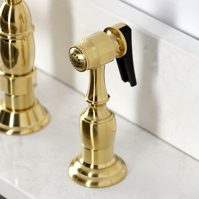 Kingston Heirloom KS1277BEXBS - Essex Two-Handle 4-Hole Deck Mount Bridge Kitchen Faucet with Brass Sprayer, Brushed Brass
