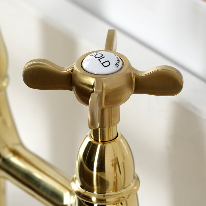 Kingston Heirloom KS1277BEXBS - Essex Two-Handle 4-Hole Deck Mount Bridge Kitchen Faucet with Brass Sprayer, Brushed Brass