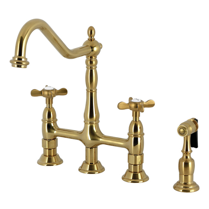 Kingston Heirloom KS1277BEXBS - Essex Two-Handle 4-Hole Deck Mount Bridge Kitchen Faucet with Brass Sprayer, Brushed Brass
