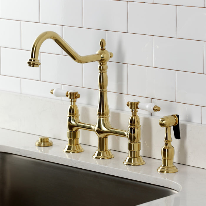 Kingston Heirloom KS1277BPLBS - Bel-Air Two-Handle 4-Hole Deck Mount Bridge Kitchen Faucet with Brass Sprayer, Brushed Brass