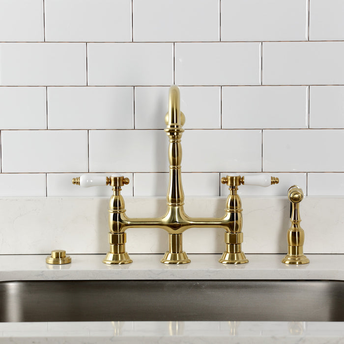 Kingston Heirloom KS1277BPLBS - Bel-Air Two-Handle 4-Hole Deck Mount Bridge Kitchen Faucet with Brass Sprayer, Brushed Brass