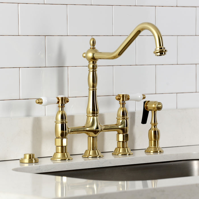 Kingston Heirloom KS1277BPLBS - Bel-Air Two-Handle 4-Hole Deck Mount Bridge Kitchen Faucet with Brass Sprayer, Brushed Brass