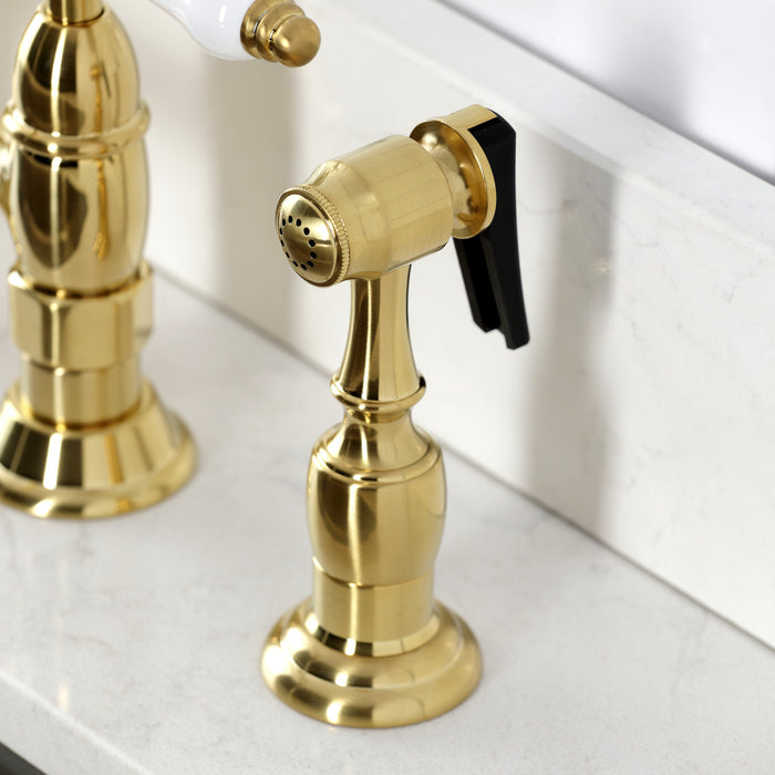 Kingston Heirloom KS1277BPLBS - Bel-Air Two-Handle 4-Hole Deck Mount Bridge Kitchen Faucet with Brass Sprayer, Brushed Brass