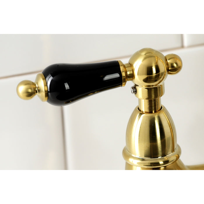 Kingston Heirloom KS1277PKLBS - Duchess Two-Handle 4-Hole Deck Mount Bridge Kitchen Faucet with Brass Sprayer, Brushed Brass