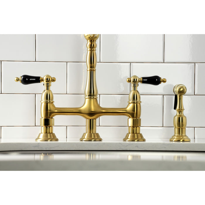 Kingston Heirloom KS1277PKLBS - Duchess Two-Handle 4-Hole Deck Mount Bridge Kitchen Faucet with Brass Sprayer, Brushed Brass