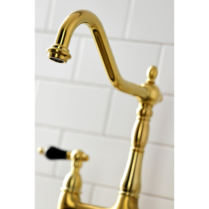 Kingston Heirloom KS1277PKLBS - Duchess Two-Handle 4-Hole Deck Mount Bridge Kitchen Faucet with Brass Sprayer, Brushed Brass