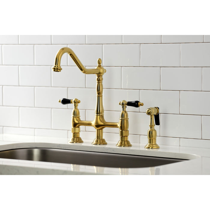 Kingston Heirloom KS1277PKLBS - Duchess Two-Handle 4-Hole Deck Mount Bridge Kitchen Faucet with Brass Sprayer, Brushed Brass
