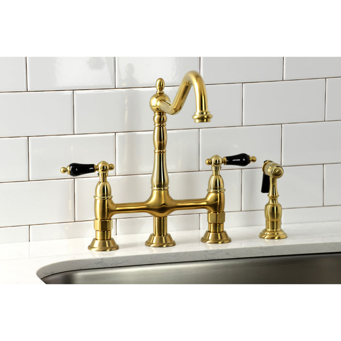 Kingston Heirloom KS1277PKLBS - Duchess Two-Handle 4-Hole Deck Mount Bridge Kitchen Faucet with Brass Sprayer, Brushed Brass
