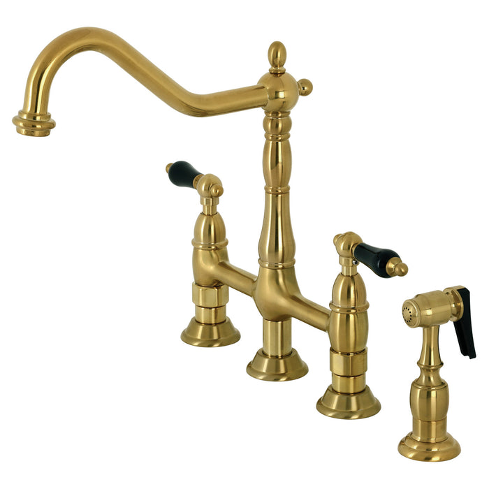 Kingston Heirloom KS1277PKLBS - Duchess Two-Handle 4-Hole Deck Mount Bridge Kitchen Faucet with Brass Sprayer, Brushed Brass