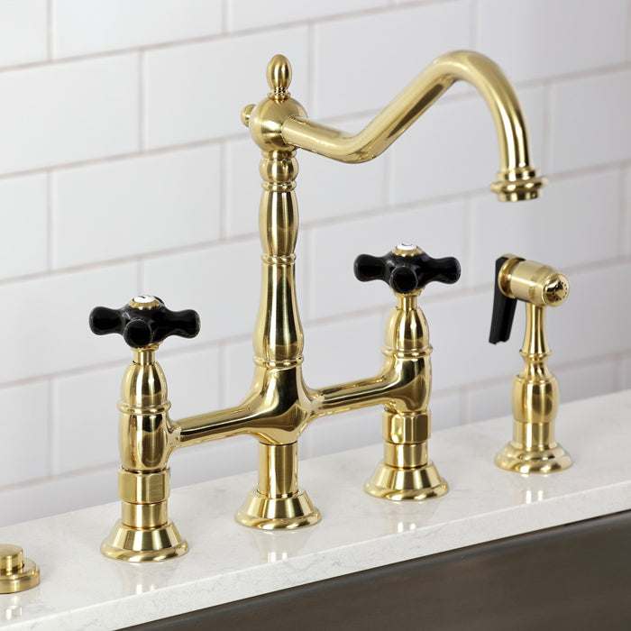 Kingston Heirloom KS1277PKXBS - Duchess Two-Handle 4-Hole Deck Mount Bridge Kitchen Faucet with Brass Sprayer, Brushed Brass