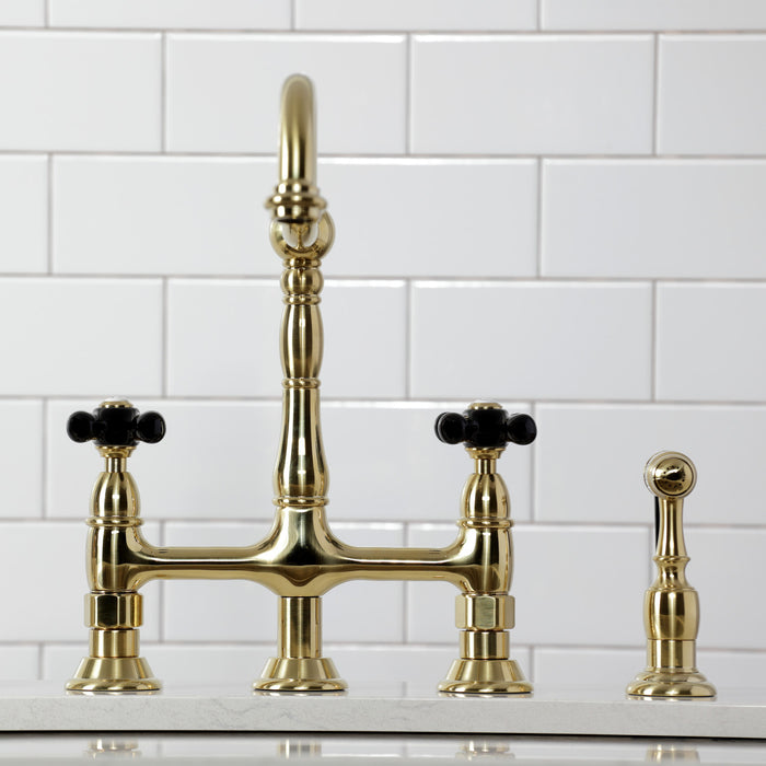 Kingston Heirloom KS1277PKXBS - Duchess Two-Handle 4-Hole Deck Mount Bridge Kitchen Faucet with Brass Sprayer, Brushed Brass