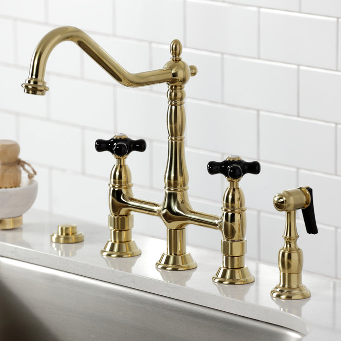 Kingston Heirloom KS1277PKXBS - Duchess Two-Handle 4-Hole Deck Mount Bridge Kitchen Faucet with Brass Sprayer, Brushed Brass