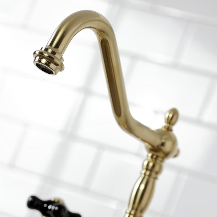 Kingston Heirloom KS1277PKXBS - Duchess Two-Handle 4-Hole Deck Mount Bridge Kitchen Faucet with Brass Sprayer, Brushed Brass