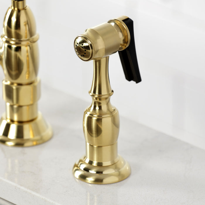 Kingston Heirloom KS1277PKXBS - Duchess Two-Handle 4-Hole Deck Mount Bridge Kitchen Faucet with Brass Sprayer, Brushed Brass