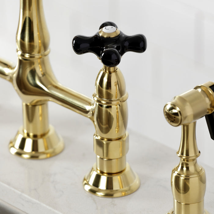 Kingston Heirloom KS1277PKXBS - Duchess Two-Handle 4-Hole Deck Mount Bridge Kitchen Faucet with Brass Sprayer, Brushed Brass