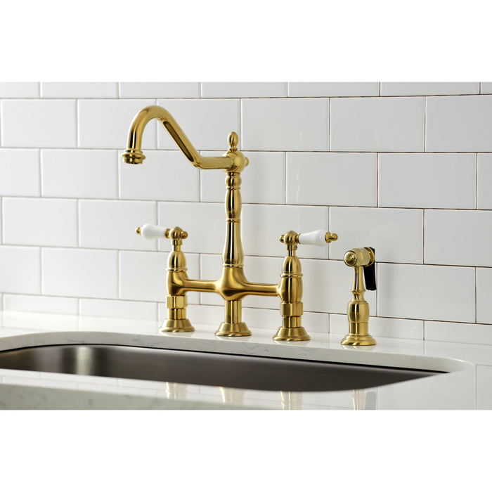 Kingston Heirloom KS1277PLBS - Heritage Two-Handle 4-Hole Deck Mount Bridge Kitchen Faucet with Brass Sprayer, Brushed Brass