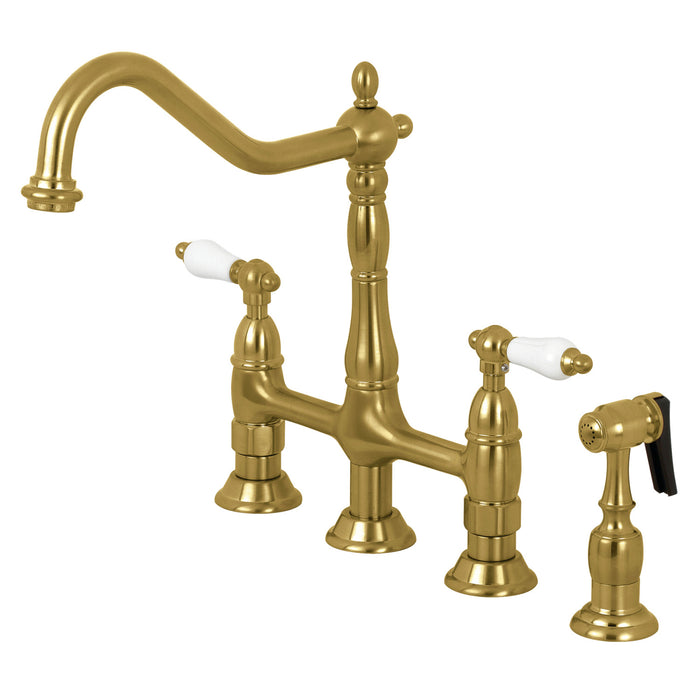 Kingston Heirloom KS1277PLBS - Heritage Two-Handle 4-Hole Deck Mount Bridge Kitchen Faucet with Brass Sprayer, Brushed Brass