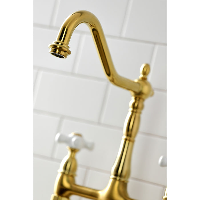Kingston Heirloom KS1277PXBS - Heritage Two-Handle 4-Hole Deck Mount Bridge Kitchen Faucet with Brass Sprayer, Brushed Brass