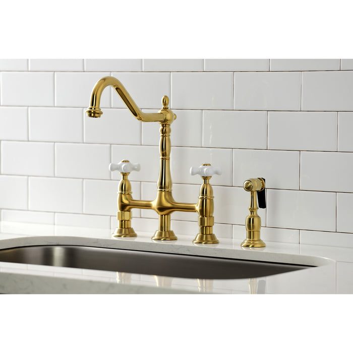 Kingston Heirloom KS1277PXBS - Heritage Two-Handle 4-Hole Deck Mount Bridge Kitchen Faucet with Brass Sprayer, Brushed Brass