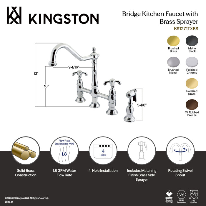 Kingston Heirloom KS1277TXBS - French Country Two-Handle 4-Hole Deck Mount Bridge Kitchen Faucet with Brass Sprayer, Brushed Brass