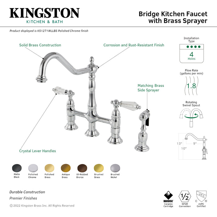Kingston Heirloom KS1277WLLBS - Wilshire Two-Handle 4-Hole Deck Mount Bridge Kitchen Faucet with Brass Sprayer, Brushed Brass