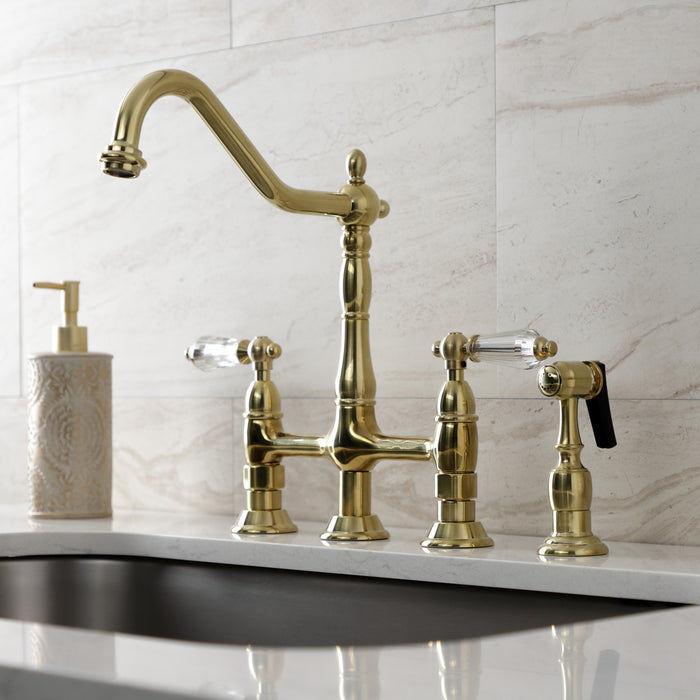 Kingston Heirloom KS1277WLLBS - Wilshire Two-Handle 4-Hole Deck Mount Bridge Kitchen Faucet with Brass Sprayer, Brushed Brass