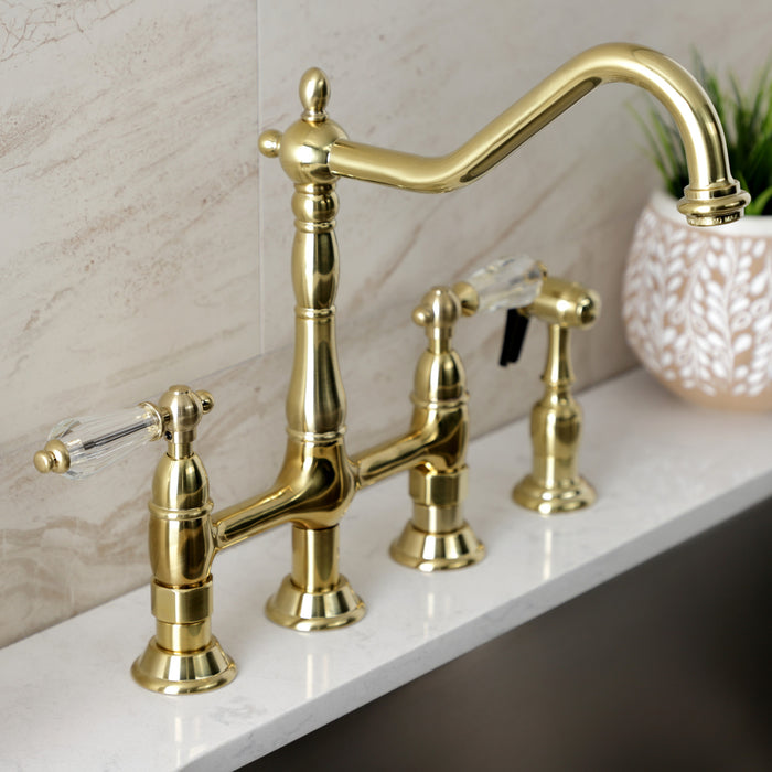 Kingston Heirloom KS1277WLLBS - Wilshire Two-Handle 4-Hole Deck Mount Bridge Kitchen Faucet with Brass Sprayer, Brushed Brass