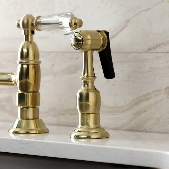 Kingston Heirloom KS1277WLLBS - Wilshire Two-Handle 4-Hole Deck Mount Bridge Kitchen Faucet with Brass Sprayer, Brushed Brass