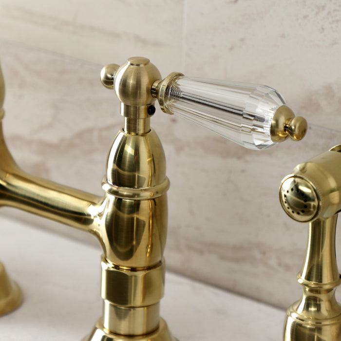 Kingston Heirloom KS1277WLLBS - Wilshire Two-Handle 4-Hole Deck Mount Bridge Kitchen Faucet with Brass Sprayer, Brushed Brass