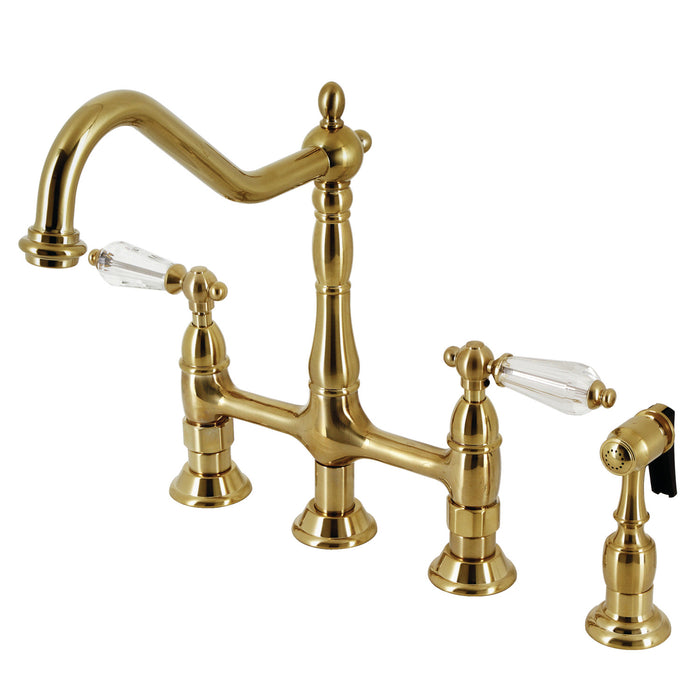Kingston Heirloom KS1277WLLBS - Wilshire Two-Handle 4-Hole Deck Mount Bridge Kitchen Faucet with Brass Sprayer, Brushed Brass