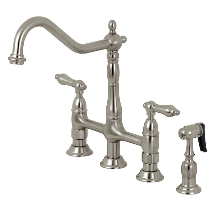 Heritage KS1278ALBS Two-Handle 4-Hole Deck Mount Bridge Kitchen Faucet with Brass Side Sprayer, Brushed Nickel