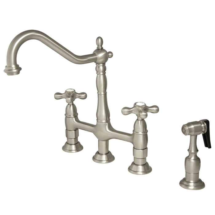Heritage KS1278AXBS Two-Handle 4-Hole Deck Mount Bridge Kitchen Faucet with Brass Side Sprayer, Brushed Nickel