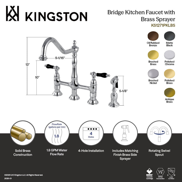 Kingston Heirloom KS1278PKLBS - Duchess Two-Handle 4-Hole Deck Mount Bridge Kitchen Faucet with Brass Sprayer, Brushed Nickel