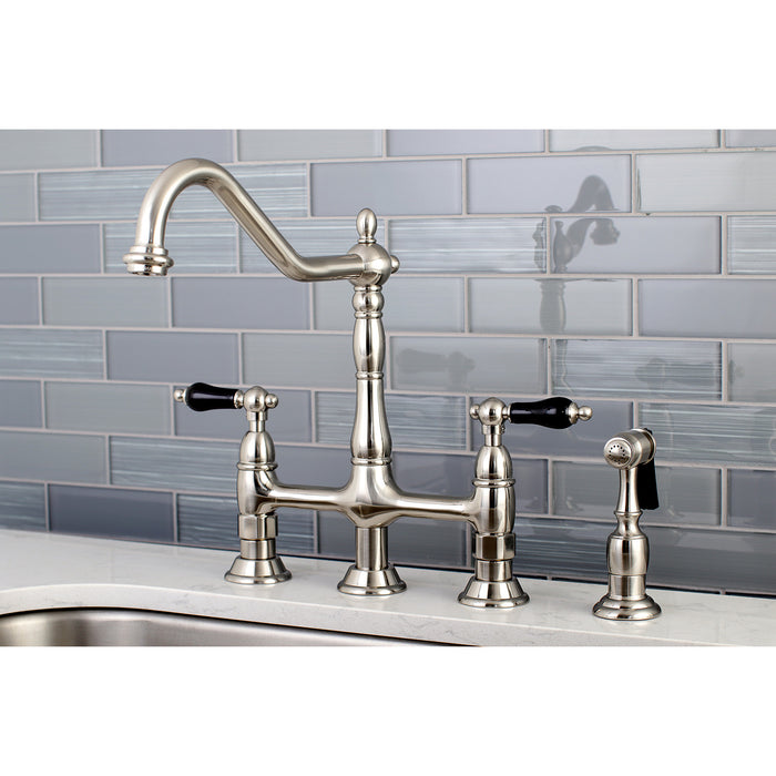 Kingston Heirloom KS1278PKLBS - Duchess Two-Handle 4-Hole Deck Mount Bridge Kitchen Faucet with Brass Sprayer, Brushed Nickel