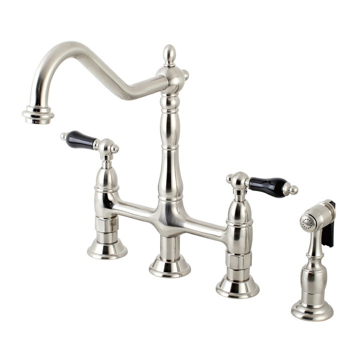 Kingston Heirloom KS1278PKLBS - Duchess Two-Handle 4-Hole Deck Mount Bridge Kitchen Faucet with Brass Sprayer, Brushed Nickel