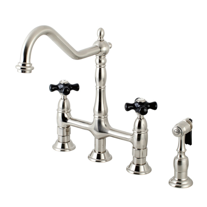 Kingston Heirloom KS1278PKXBS - Duchess Two-Handle 4-Hole Deck Mount Bridge Kitchen Faucet with Brass Sprayer, Brushed Nickel