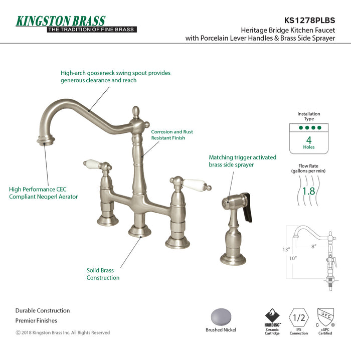 Kingston Heirloom KS1278PLBS - Heritage Two-Handle 4-Hole Deck Mount Bridge Kitchen Faucet with Brass Sprayer, Brushed Nickel
