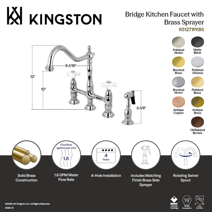Kingston Heirloom KS1278PXBS - Heritage Two-Handle 4-Hole Deck Mount Bridge Kitchen Faucet with Brass Sprayer, Brushed Nickel