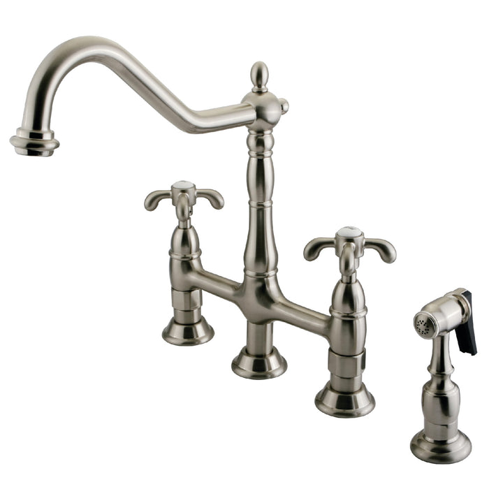 French Country KS1278TXBS Two-Handle 4-Hole Deck Mount Bridge Kitchen Faucet with Brass Side Sprayer, Brushed Nickel