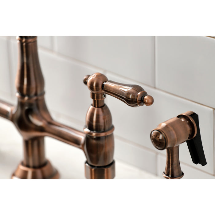 Kingston Heirloom KS127ALBSAC - Heritage Two-Handle 4-Hole Deck Mount Bridge Kitchen Faucet with Brass Sprayer, Antique Copper