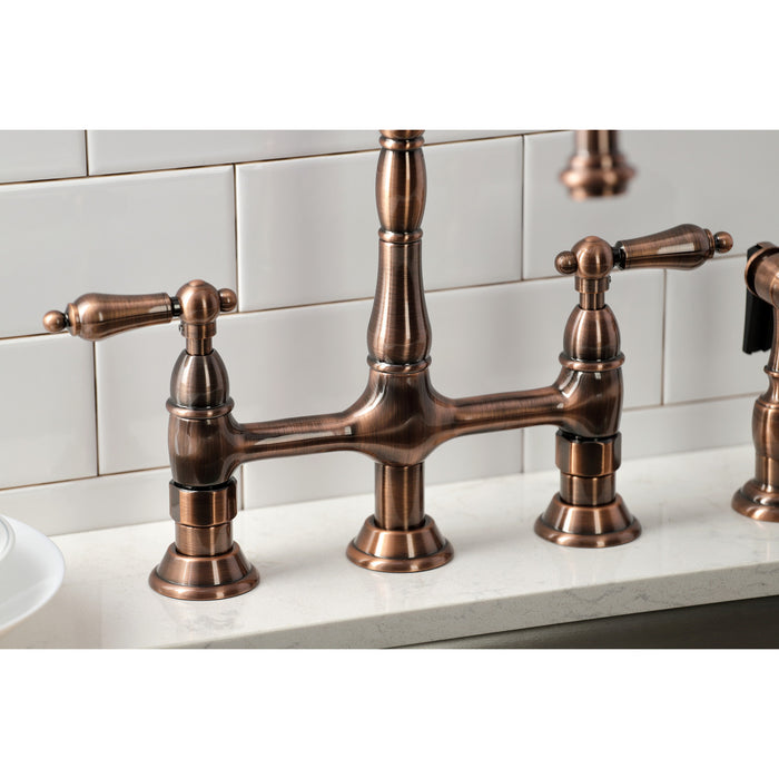 Kingston Heirloom KS127ALBSAC - Heritage Two-Handle 4-Hole Deck Mount Bridge Kitchen Faucet with Brass Sprayer, Antique Copper