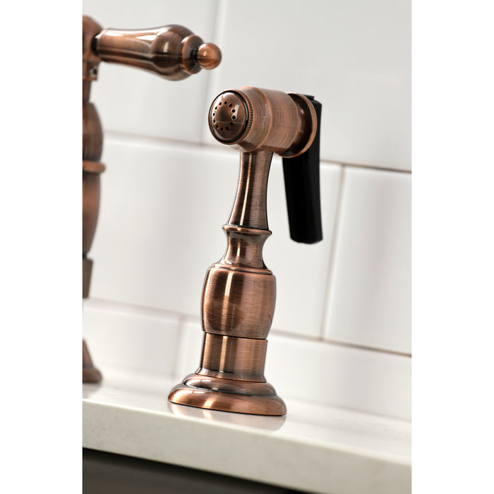 Kingston Heirloom KS127ALBSAC - Heritage Two-Handle 4-Hole Deck Mount Bridge Kitchen Faucet with Brass Sprayer, Antique Copper