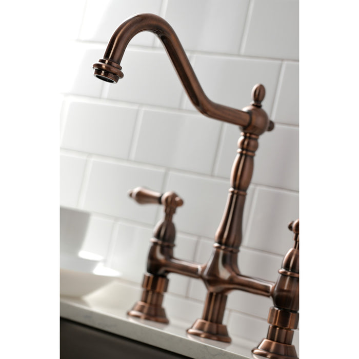 Kingston Heirloom KS127ALBSAC - Heritage Two-Handle 4-Hole Deck Mount Bridge Kitchen Faucet with Brass Sprayer, Antique Copper