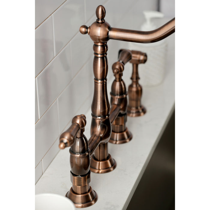 Kingston Heirloom KS127ALBSAC - Heritage Two-Handle 4-Hole Deck Mount Bridge Kitchen Faucet with Brass Sprayer, Antique Copper