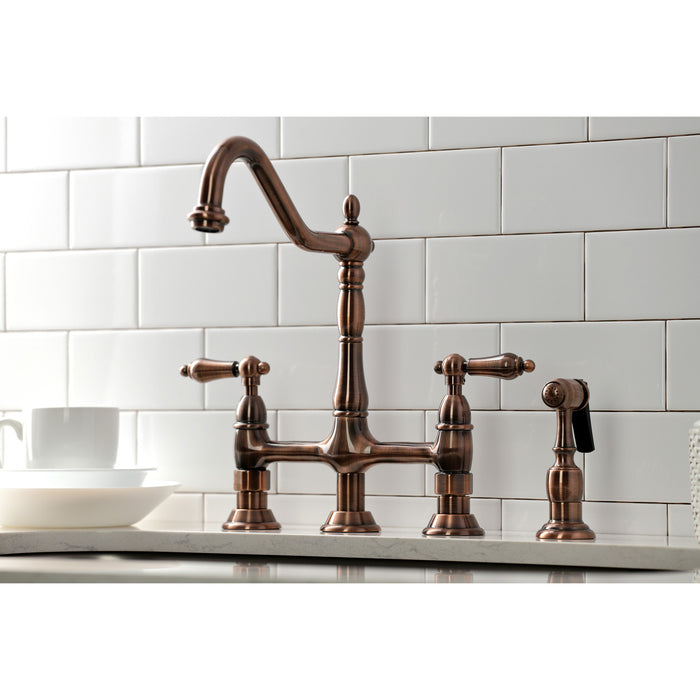 Kingston Heirloom KS127ALBSAC - Heritage Two-Handle 4-Hole Deck Mount Bridge Kitchen Faucet with Brass Sprayer, Antique Copper