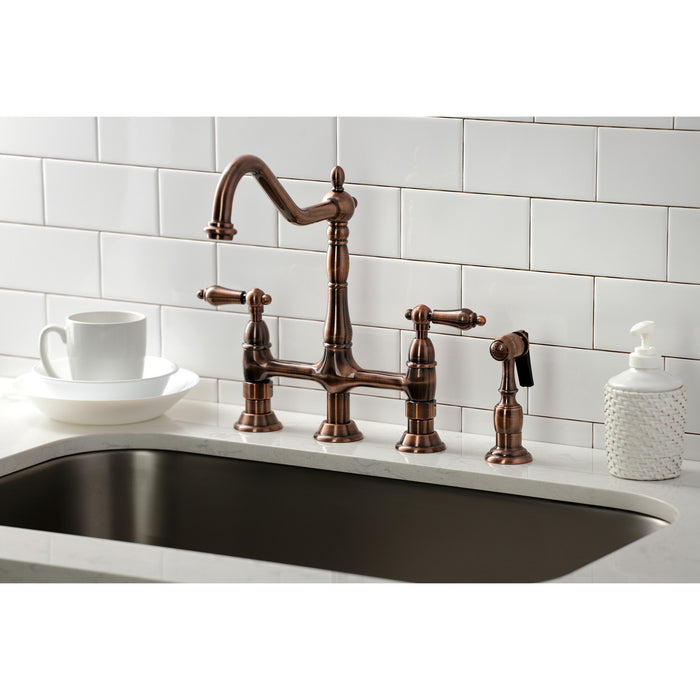 Kingston Heirloom KS127ALBSAC - Heritage Two-Handle 4-Hole Deck Mount Bridge Kitchen Faucet with Brass Sprayer, Antique Copper