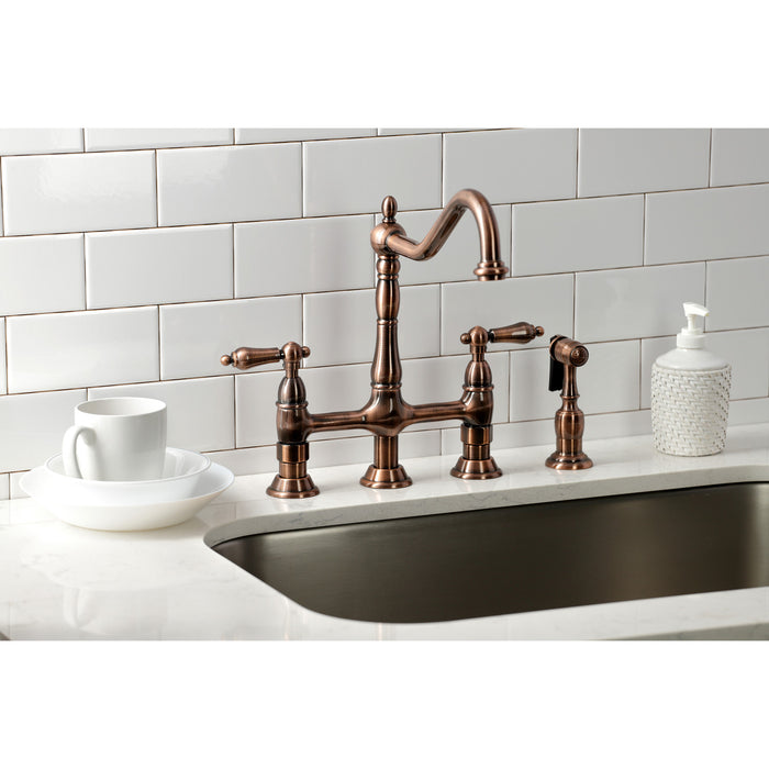 Kingston Heirloom KS127ALBSAC - Heritage Two-Handle 4-Hole Deck Mount Bridge Kitchen Faucet with Brass Sprayer, Antique Copper