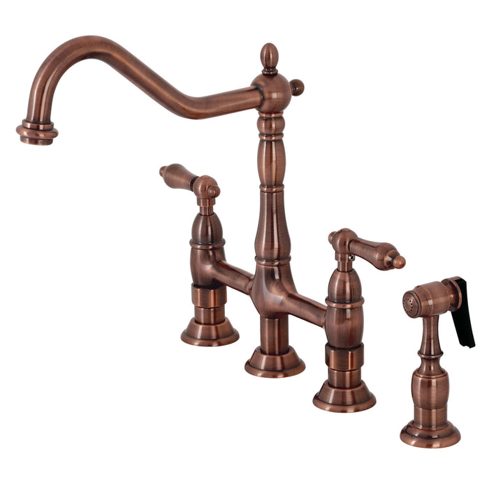 Kingston Heirloom KS127ALBSAC - Heritage Two-Handle 4-Hole Deck Mount Bridge Kitchen Faucet with Brass Sprayer, Antique Copper