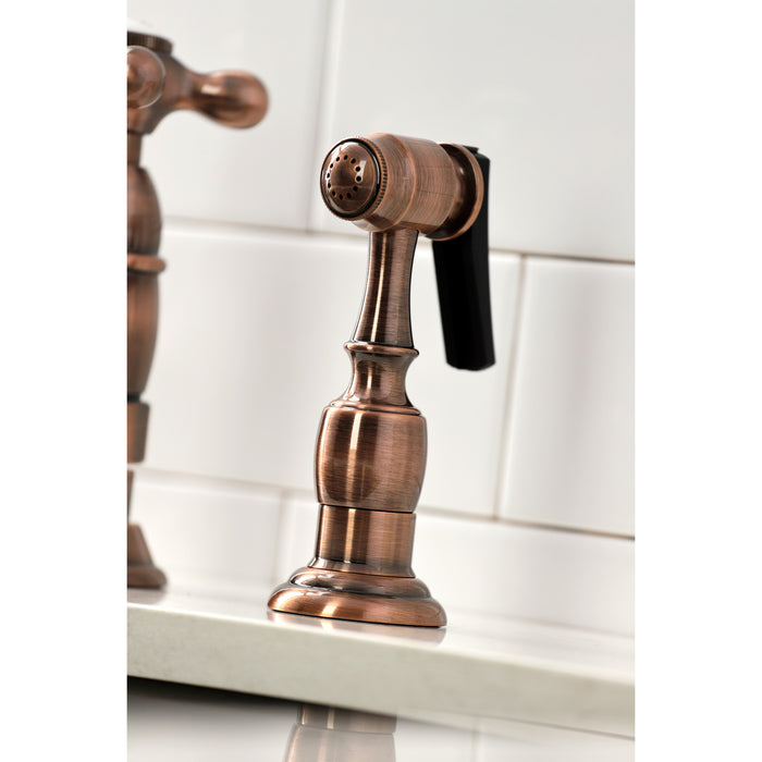 Heritage KS127AXBSAC Two-Handle 4-Hole Deck Mount Bridge Kitchen Faucet with Brass Sprayer, Antique Copper